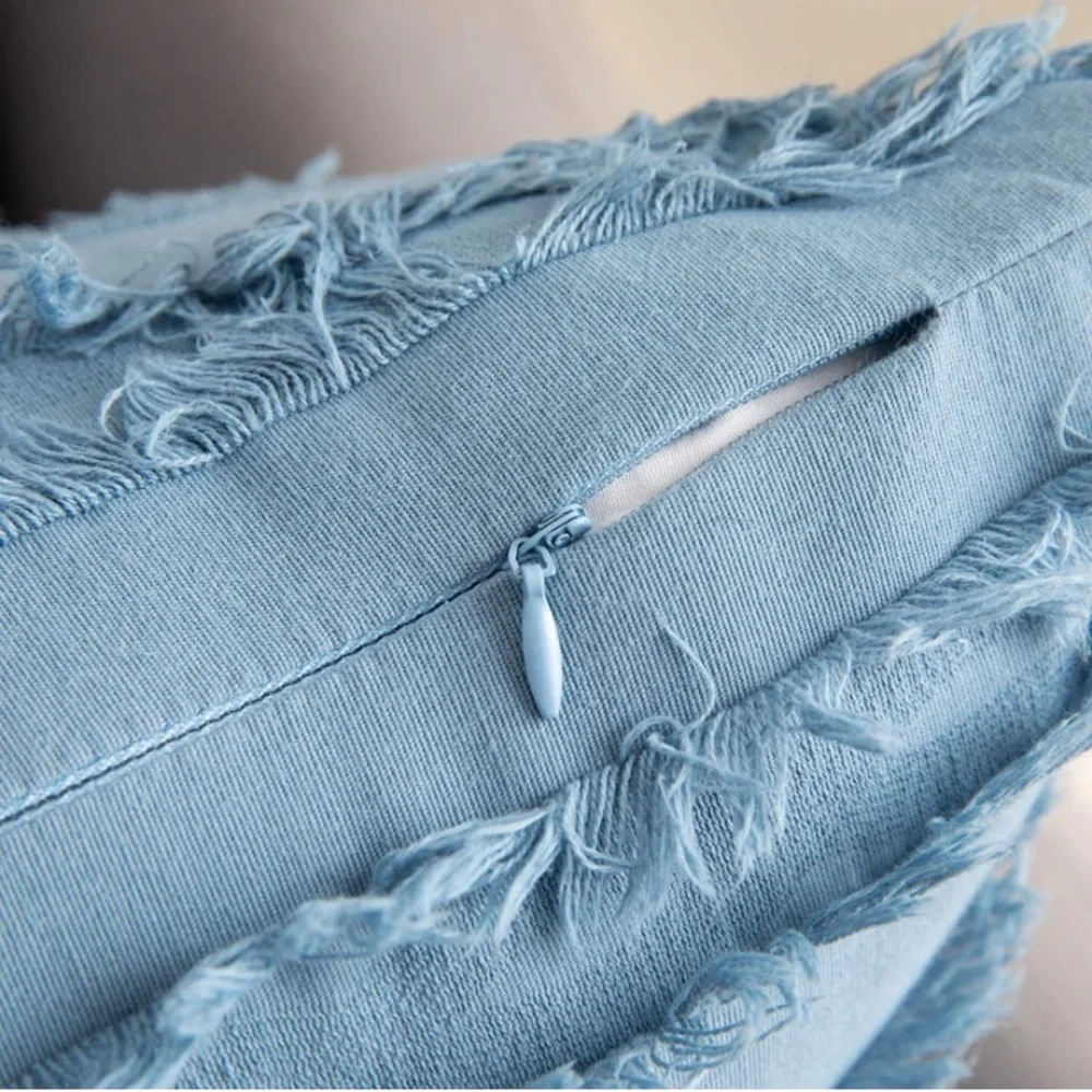 Luxe Home | Oversized Charleston Blue Frayed Striped Jaquard Euro Pillow Covers